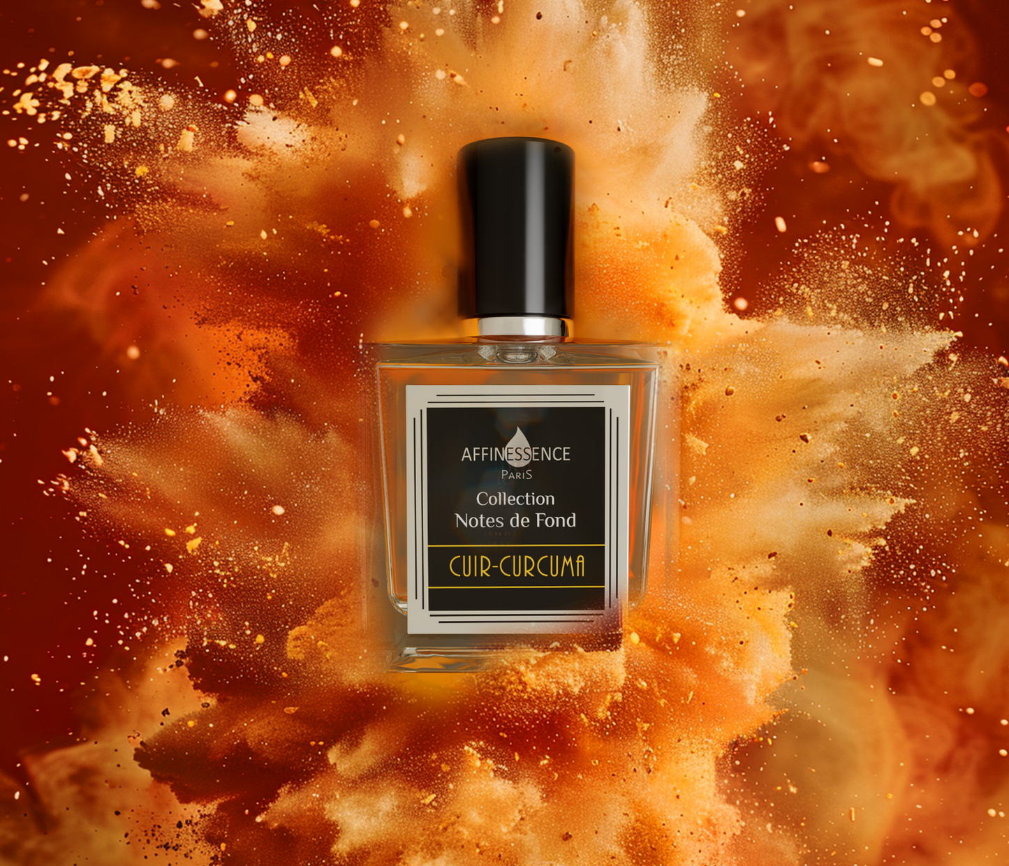 Affinessence Cuir-Curcuma perfume bottle against a background of orange and yellow powdered explosion.