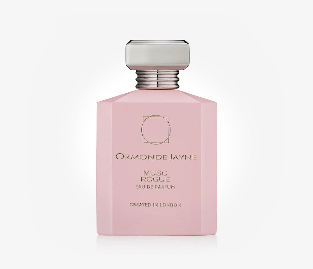 A bottle of the niche perfume Musc Rogue by Ormonde Jayne on a pale grey background.
