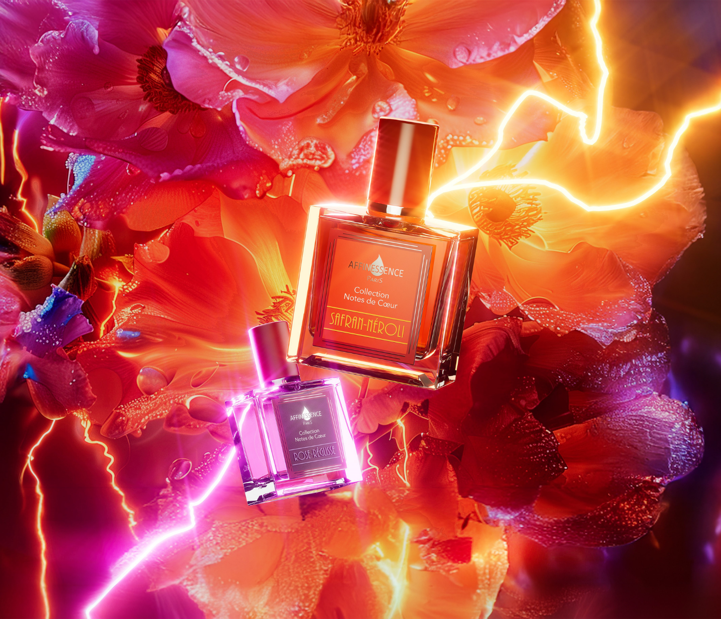 Affinessence Safran Neroli perfume bottles surrounded by colorful purple, orange and pink flowers and neon lightning effects
