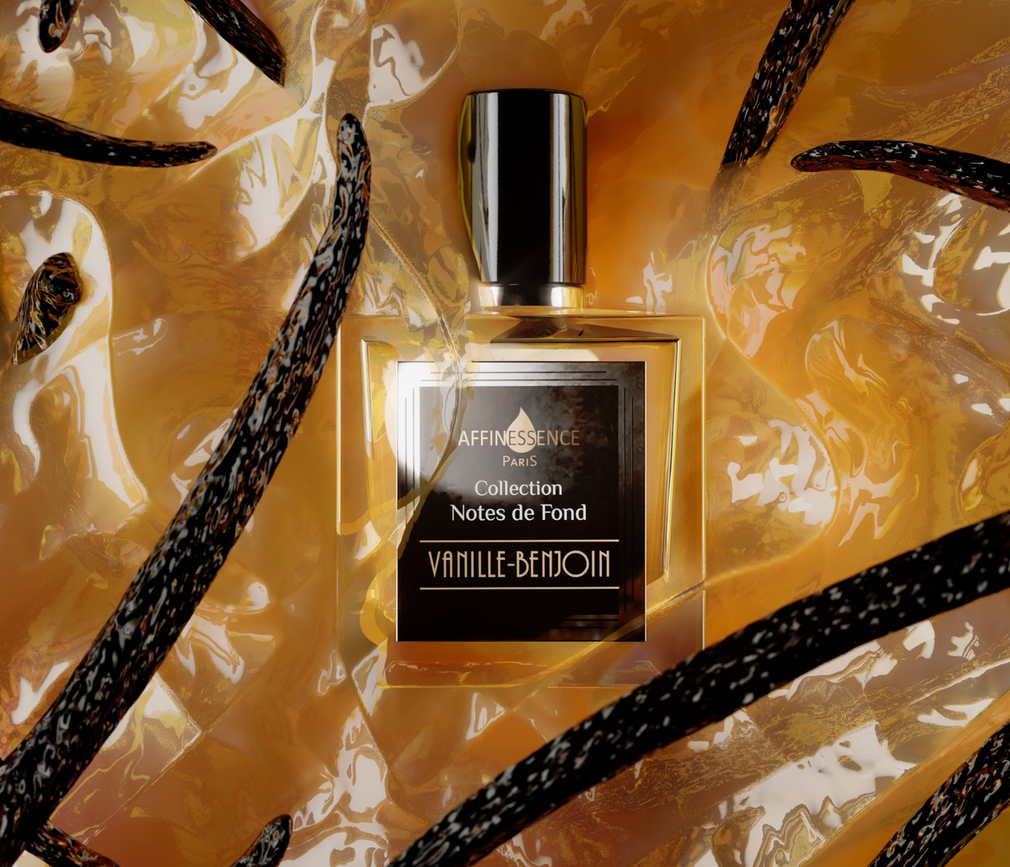 Affinessence Vanille-Benjoin perfume bottle with vanilla pods against a swirling liquid background.