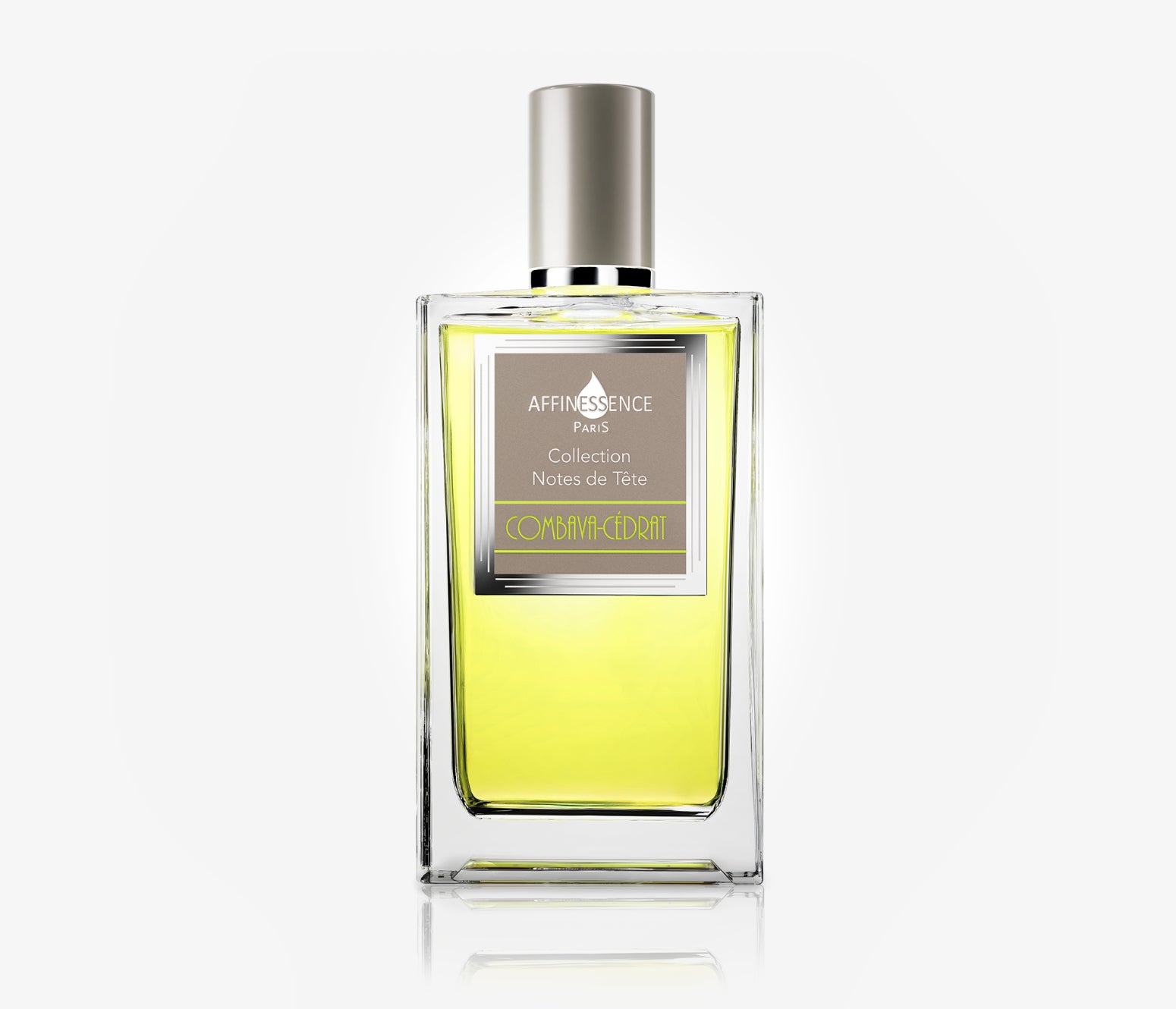A bottle of Affinessence Combava-Cedrat luxury niche perfume on a pale grey background.