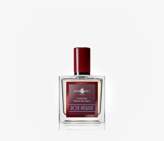 Affinessence Rose Reglisse luxury niche perfume bottle with red cap and label on a pale grey background