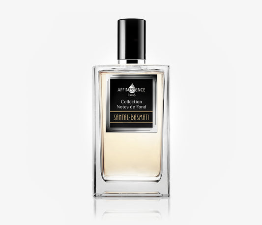 A bottle of Affinessence Santal-Basmati luxury niche perfume set against a pale grey background.