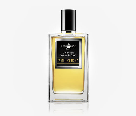A bottle of Affinessence Vanille-Benjoin luxury niche fragrance on a pale grey background.