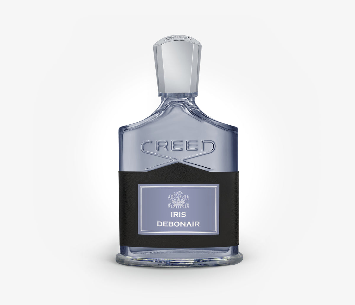 Creed Iris Debonair Eau de Toilette niche perfume bottle on a pale grey background.