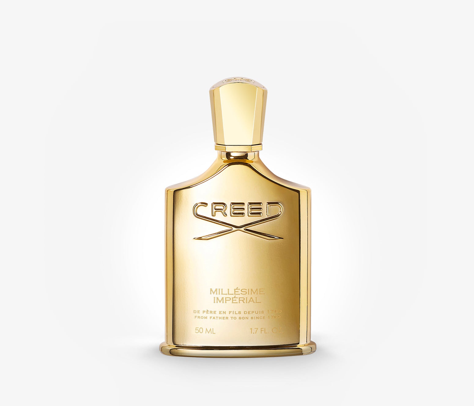 A bottle of Creed Millesime Imperial luxury niche perfume on a pale grey background.