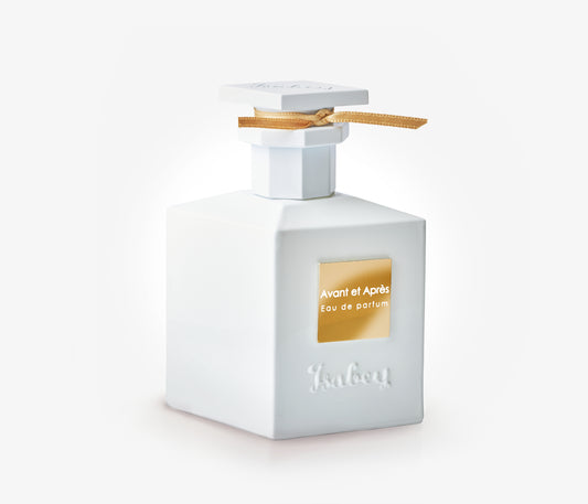 A bottle of Isabey Avant et Apres exclusive luxury perfume on a pale grey backgound.