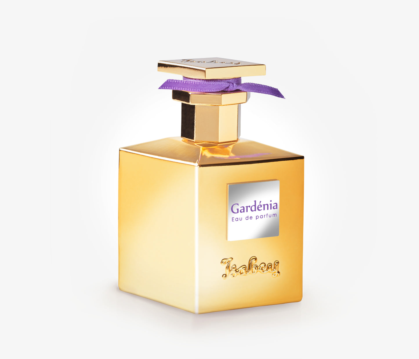 A bottle of Isabey Gardenia exclusive luxury perfume on a pale grey backgound.