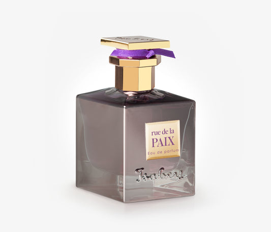 A bottle of Isabey Rue de la Paix exclusive luxury perfume on a pale grey backgound.