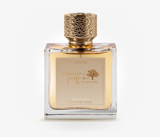Memoirs of a perfume collector Chapter Miel niche perfume bottle on a pale grey background
