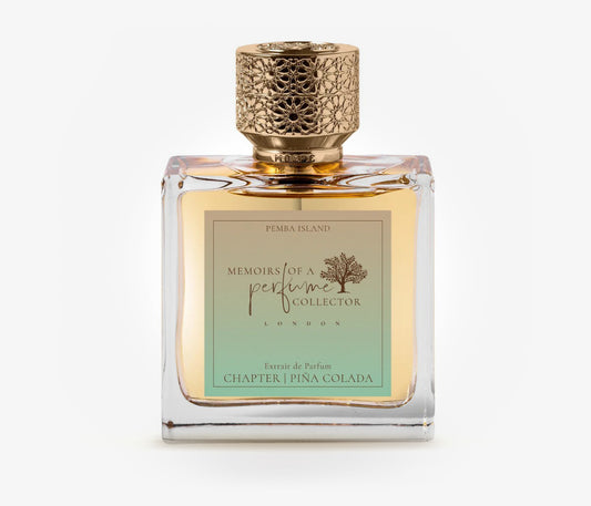Memoirs of a perfume collector Chapter Piña Colada niche perfume bottle on a pale grey background