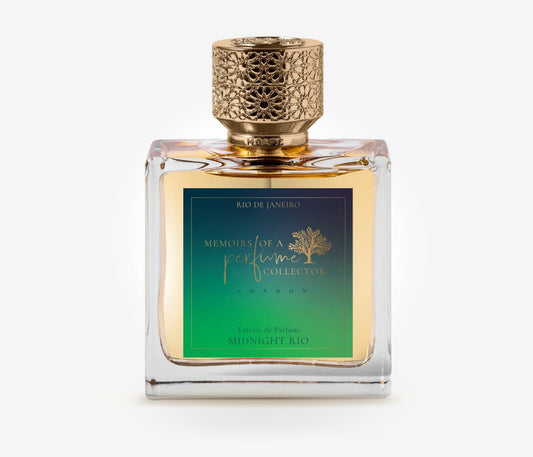 Memoirs of a perfume collector Midnight Rio niche perfume bottle on a pale grey background