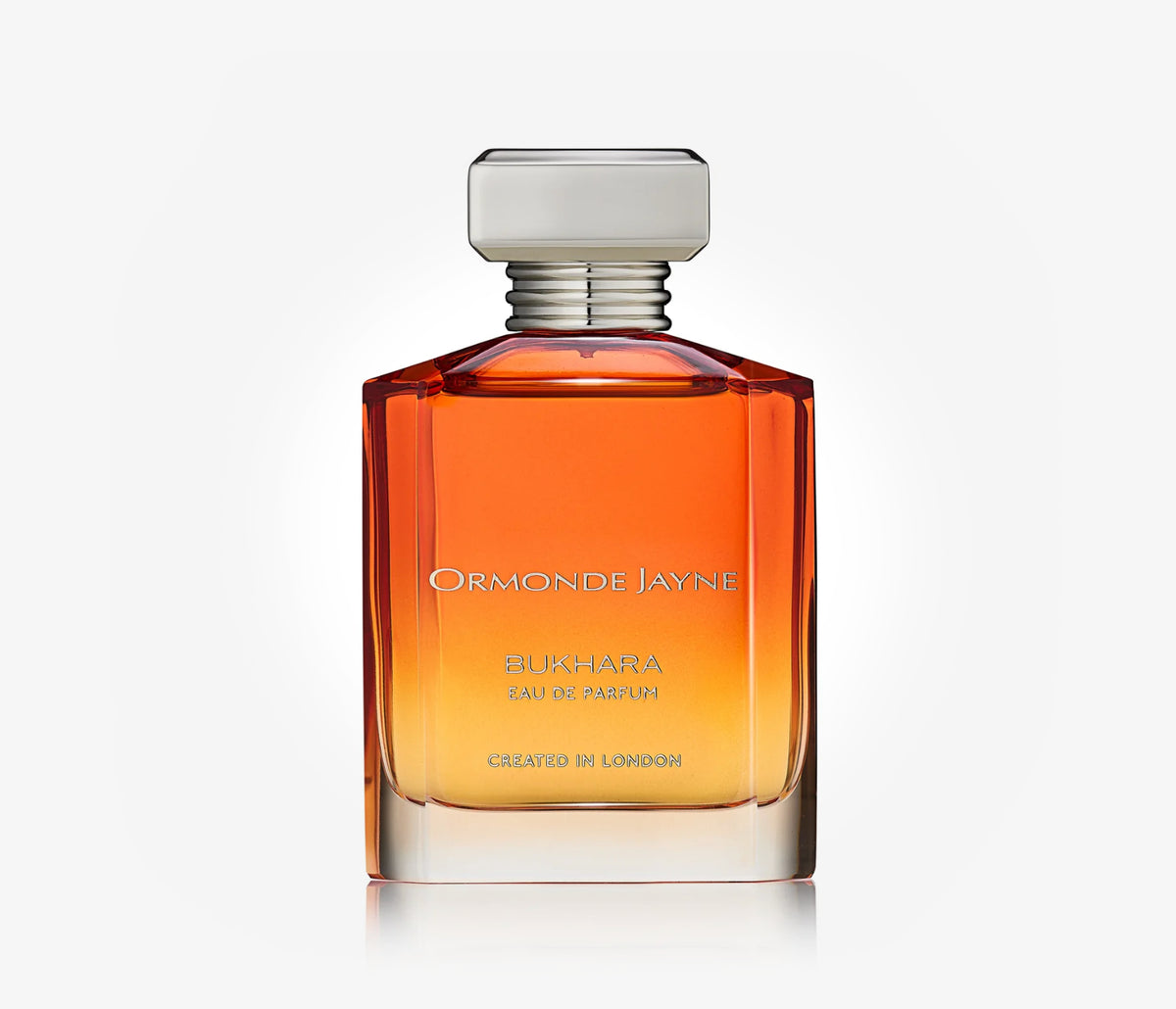 A bottle of niche perfume Bukhara by Ormonde Jayne on a pale grey background.