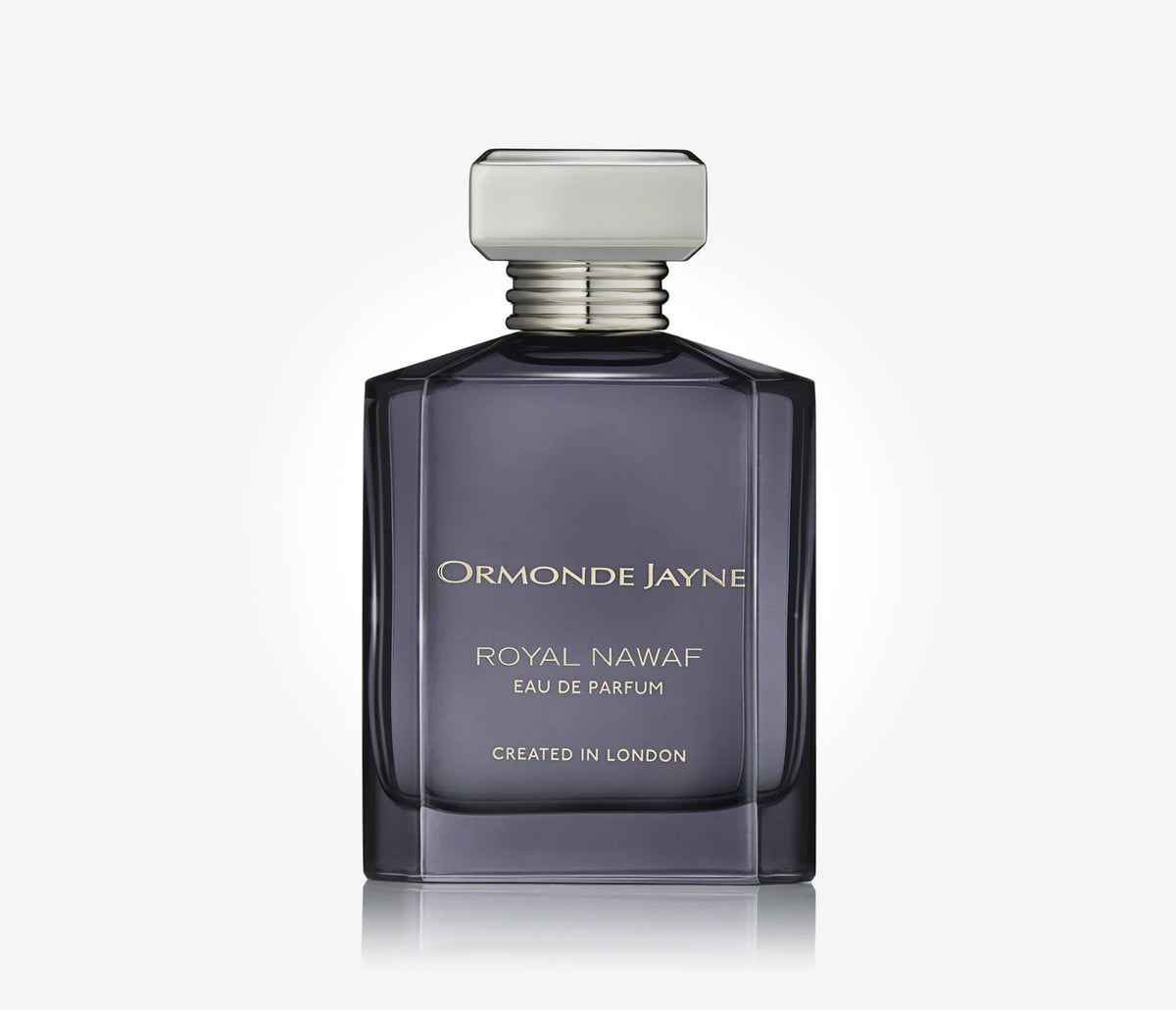 A bottle of the niche perfume Royal Nawaf by Ormonde Jayne on a pale grey background.