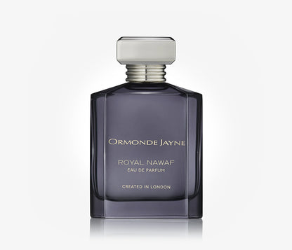 A bottle of the niche perfume Royal Nawaf by Ormonde Jayne on a pale grey background.