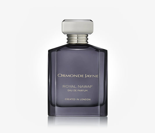 A bottle of the niche perfume Royal Nawaf by Ormonde Jayne on a pale grey background.