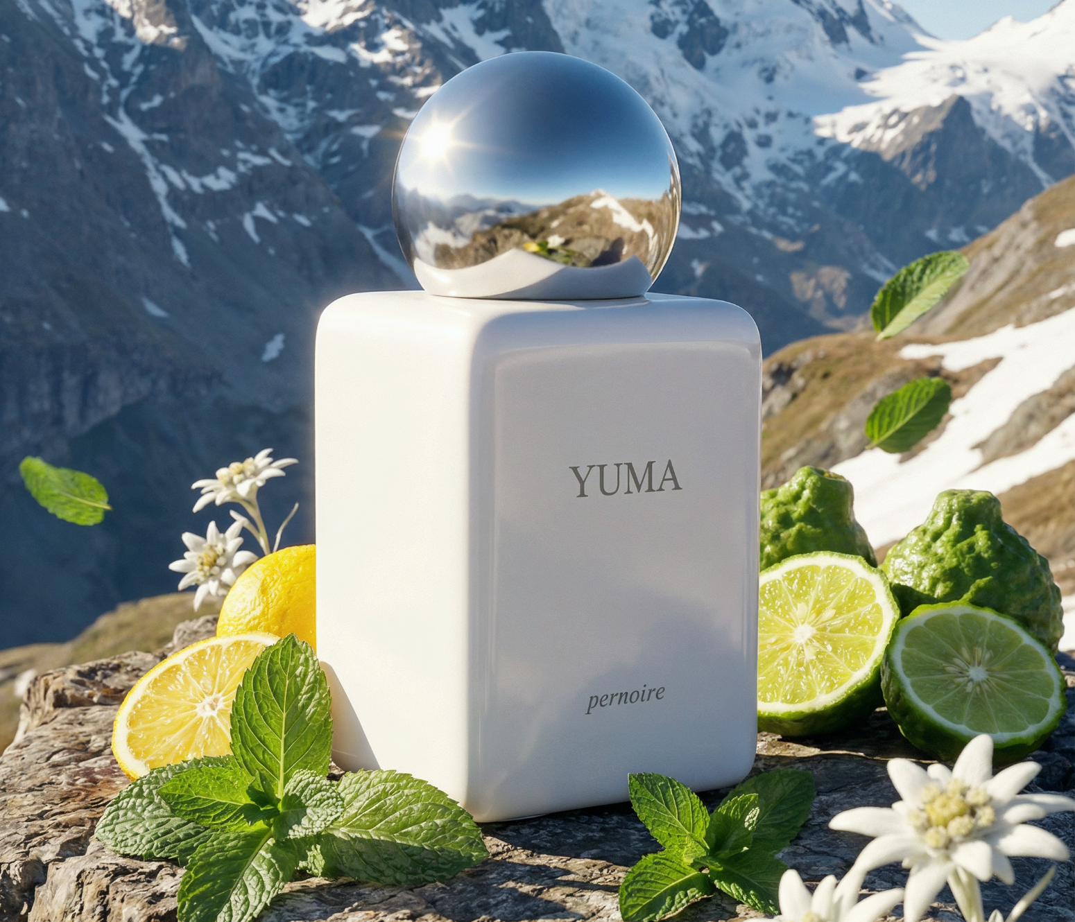 YUMA perfume bottle with lemons, limes, and flowers against a mountainous background