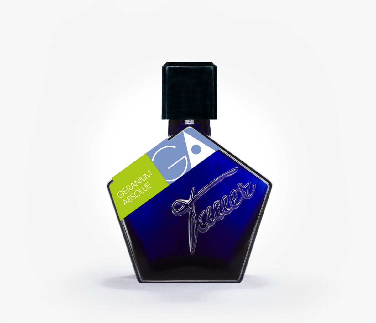 A bottle of the niche perfume Tauer Geranium Absolue on a pale grey background